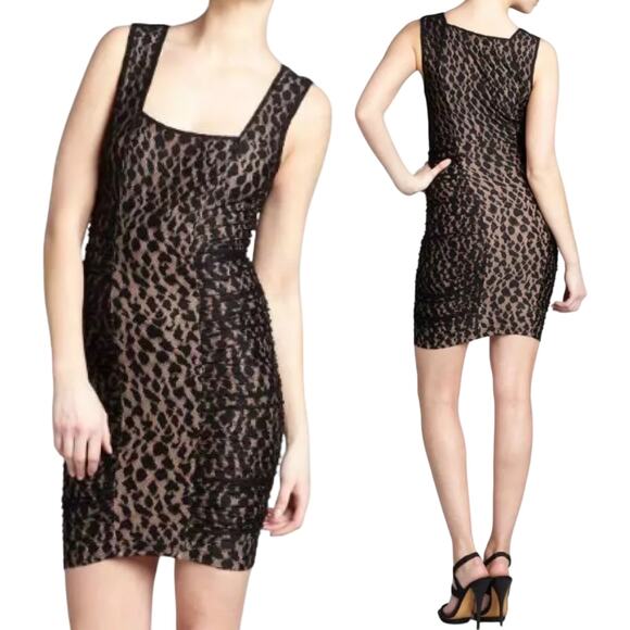BCBGMAXAZRIA Renee Mini Dress Bodycon Ruched Leopard Print Mesh Lace Black M - Picture 2 of 9